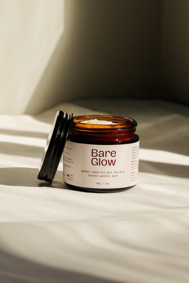 Open Jar of Bare Glow Organic Rosehip Tallow Balm