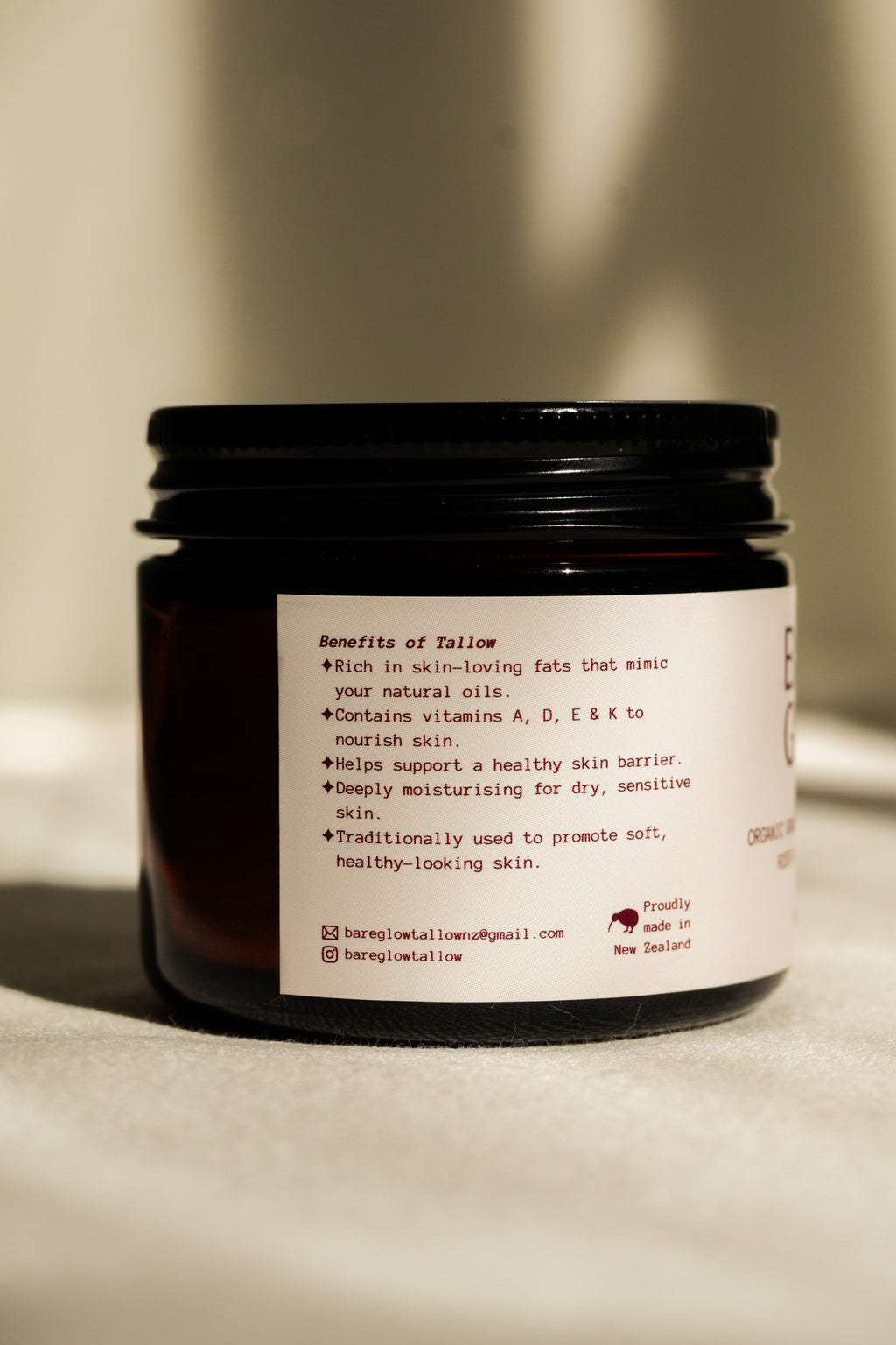 Bare Glow Organic Rosehip Tallow Balm Benefits label